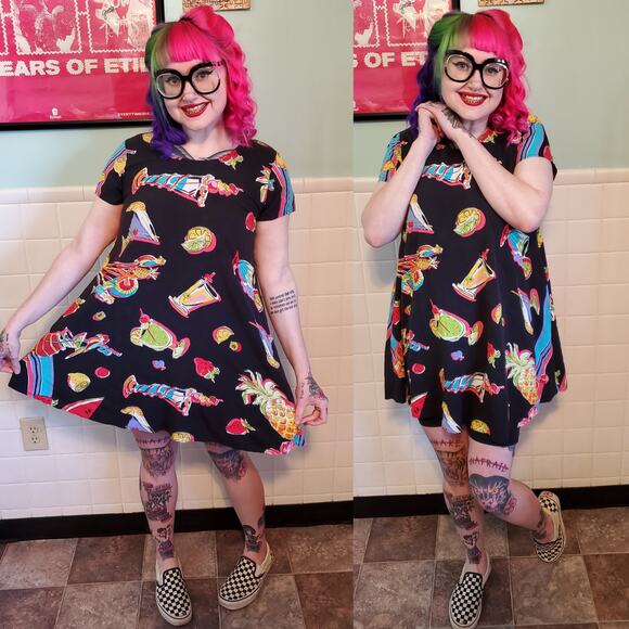 Vintage 90s Tropical Drinks Trapeze Swing Short Sleeve Mini Dress Colorful - Picture 2 of 14